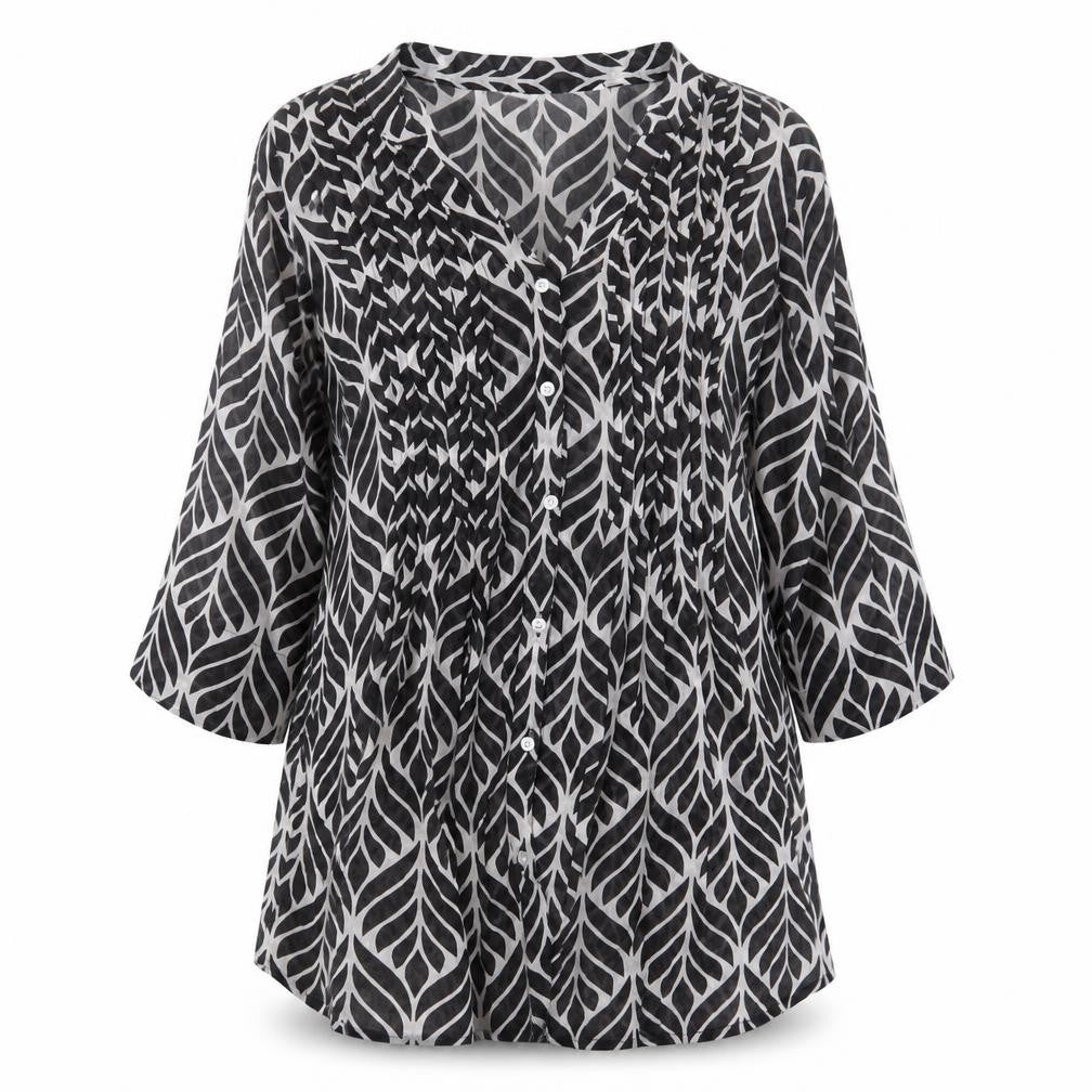Front view of Newport Mansions women’s black geometric polyester basic blouse, size S, v-neck - s/m