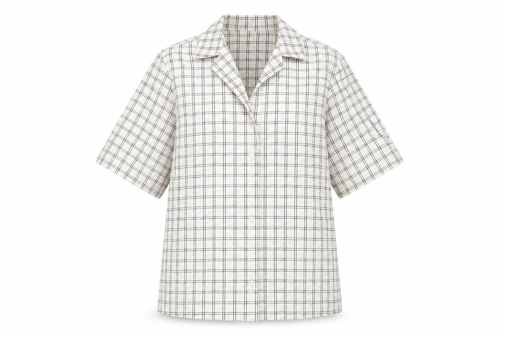 Front view of ASOS' women’s multicoloured plaid cotton basic button-up, size UK 8, collared - oversized