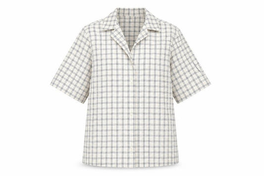 Front view of ASOS' women’s multicoloured plaid cotton basic button-up, size UK 8, collared - oversized