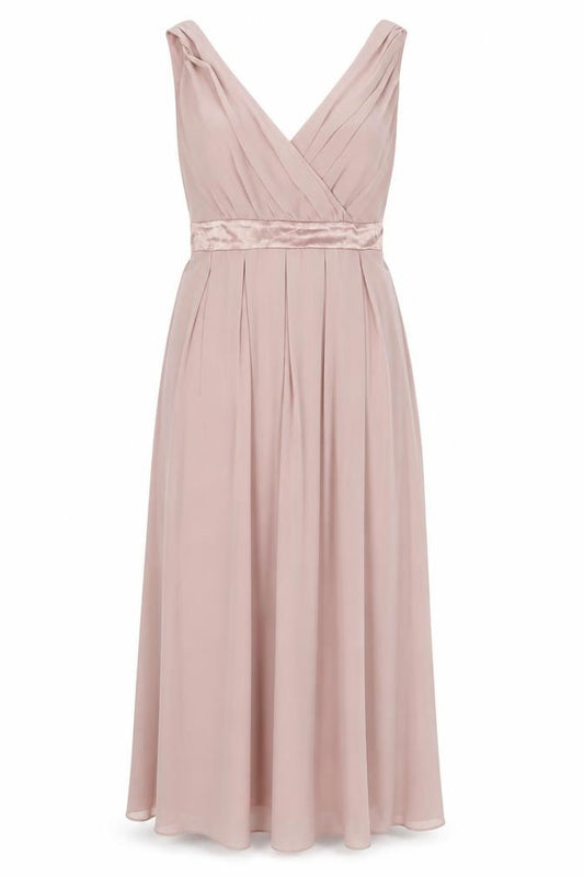Front view of TFNC women’s pink polyester a-line, size UK 10, v-neck zip