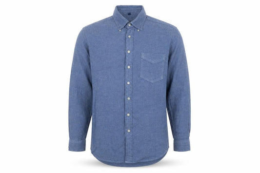 Front view of Crewfield men’s blue cotton button-up, size M, collared button