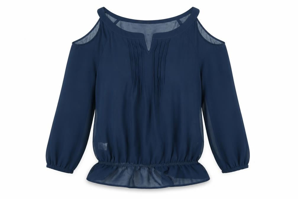 Front view of Next women’s blue polyester basic blouse, size UK 12, v-neck - cold shoulder semi sheer