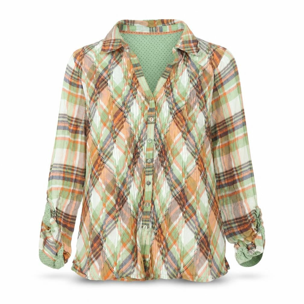 Front view of Per Una women’s multicoloured check cotton basic button-up, size UK 12, collared