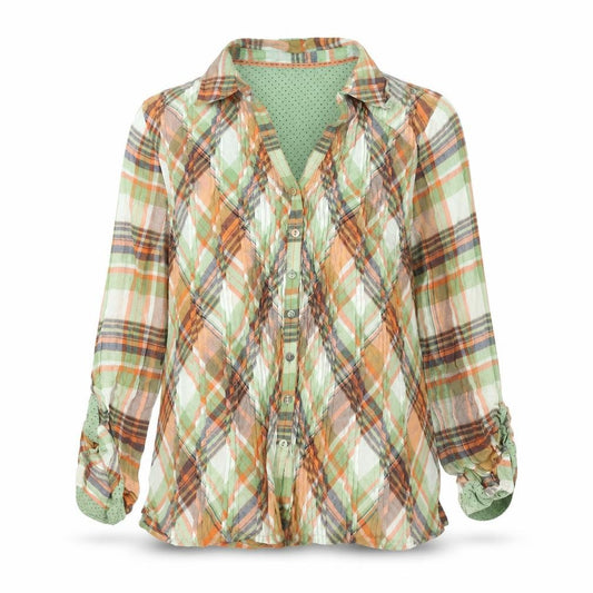Front view of Per Una women’s multicoloured check cotton basic button-up, size UK 12, collared