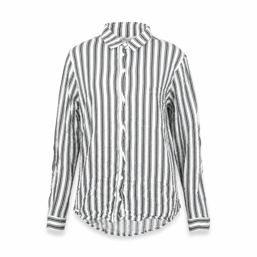 Front view of Divided by H&M women’s white striped viscose basic button-up, size UK 6, collared
