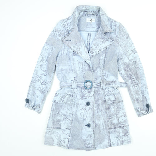 Amazing Womens Blue Geometric Trench Coat Coat Size 8 Button - Belted