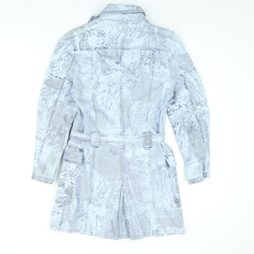 Amazing Womens Blue Geometric Trench Coat Coat Size 8 Button - Belted