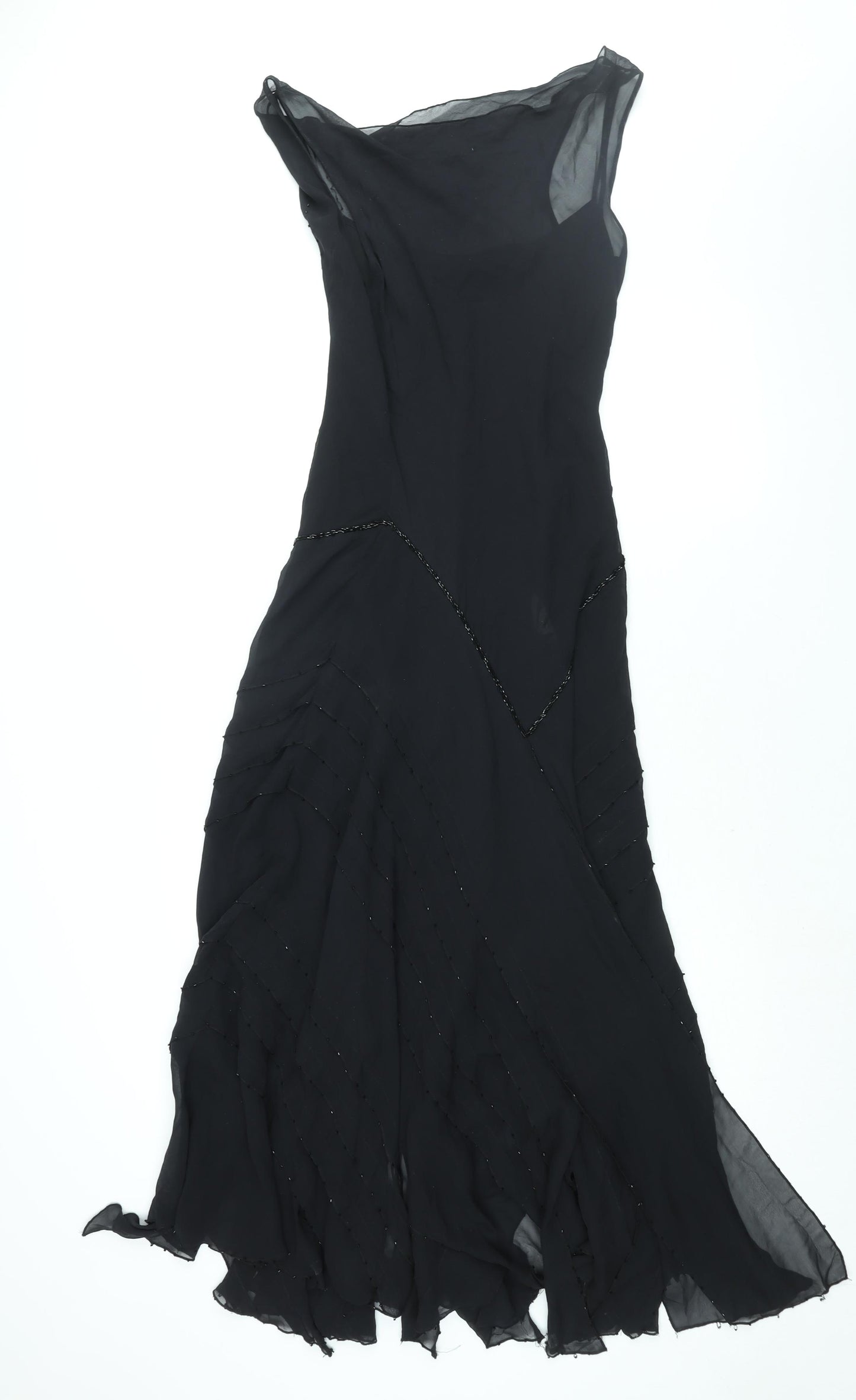 Wallis Womens Black Silk Slip Dress Size 14 Boat Neck Pullover - Beaded