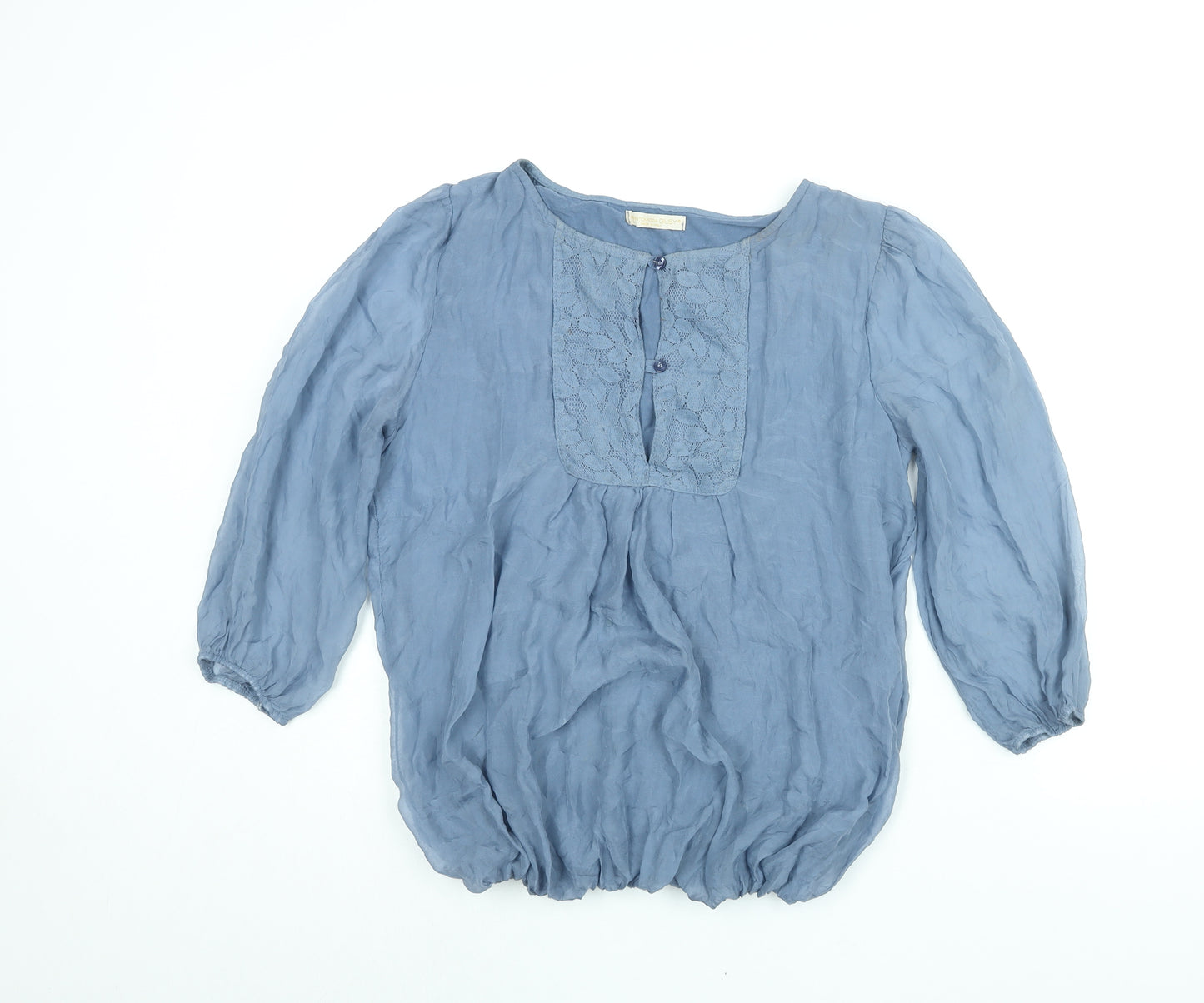 Prontomoda Giusy Womens Blue Silk Basic Blouse Size M Round Neck - Lace Detail