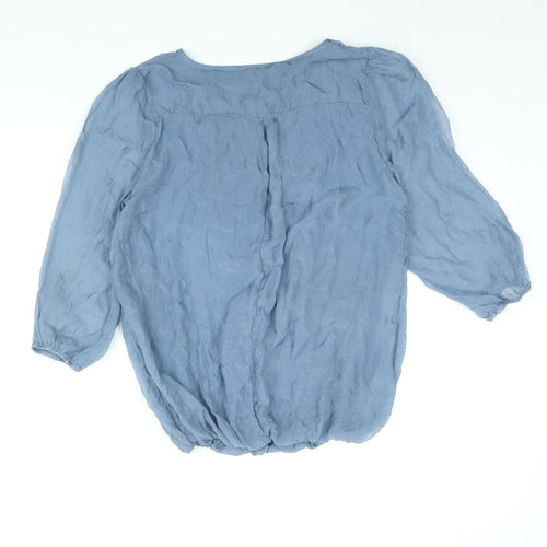 Prontomoda Giusy Womens Blue Silk Basic Blouse Size M Round Neck - Lace Detail
