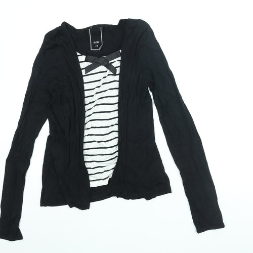NEXT Womens Black Viscose Basic Blouse Size 12 Scoop Neck - Stripe Print Bow Cardigan Layer