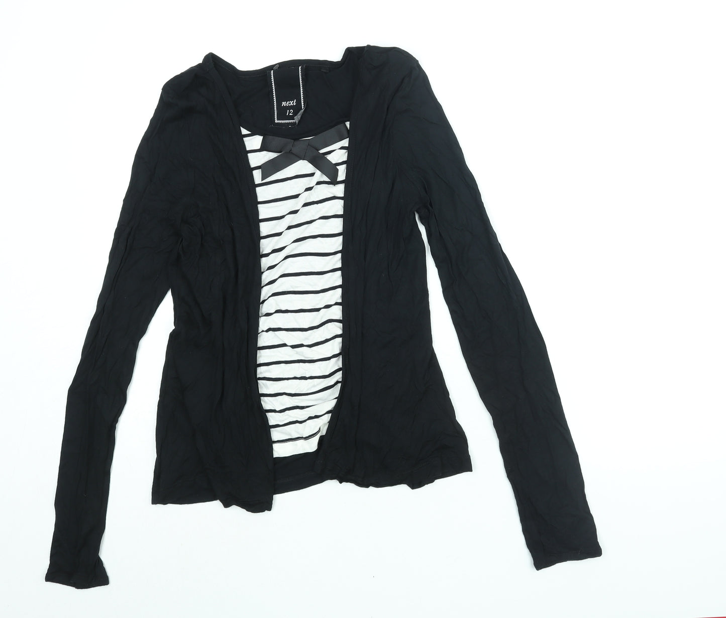 NEXT Womens Black Viscose Basic Blouse Size 12 Scoop Neck - Stripe Print Bow Cardigan Layer