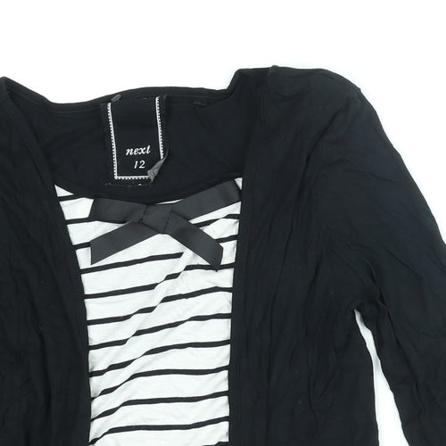 NEXT Womens Black Viscose Basic Blouse Size 12 Scoop Neck - Stripe Print Bow Cardigan Layer