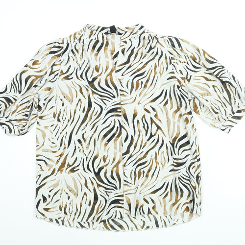 New Look Womens White Animal Print Polyester Basic Button-Up Size 14 V-Neck - Tiger Print