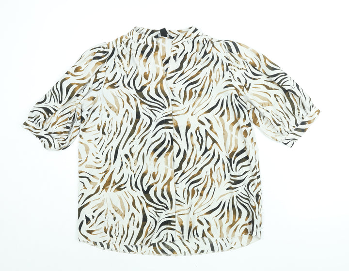 New Look Womens White Animal Print Polyester Basic Button-Up Size 14 V-Neck - Tiger Print