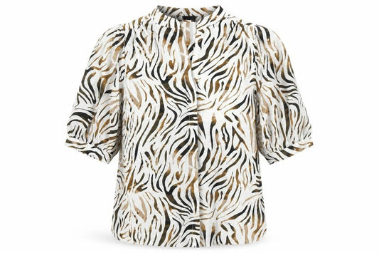 Front view of New Look women’s white animal print polyester basic button-up, size UK 14, v-neck - tiger print