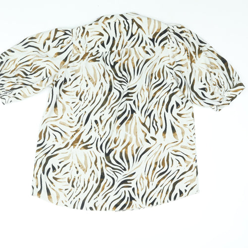 New Look Womens White Animal Print Polyester Basic Button-Up Size 14 V-Neck - Tiger Print