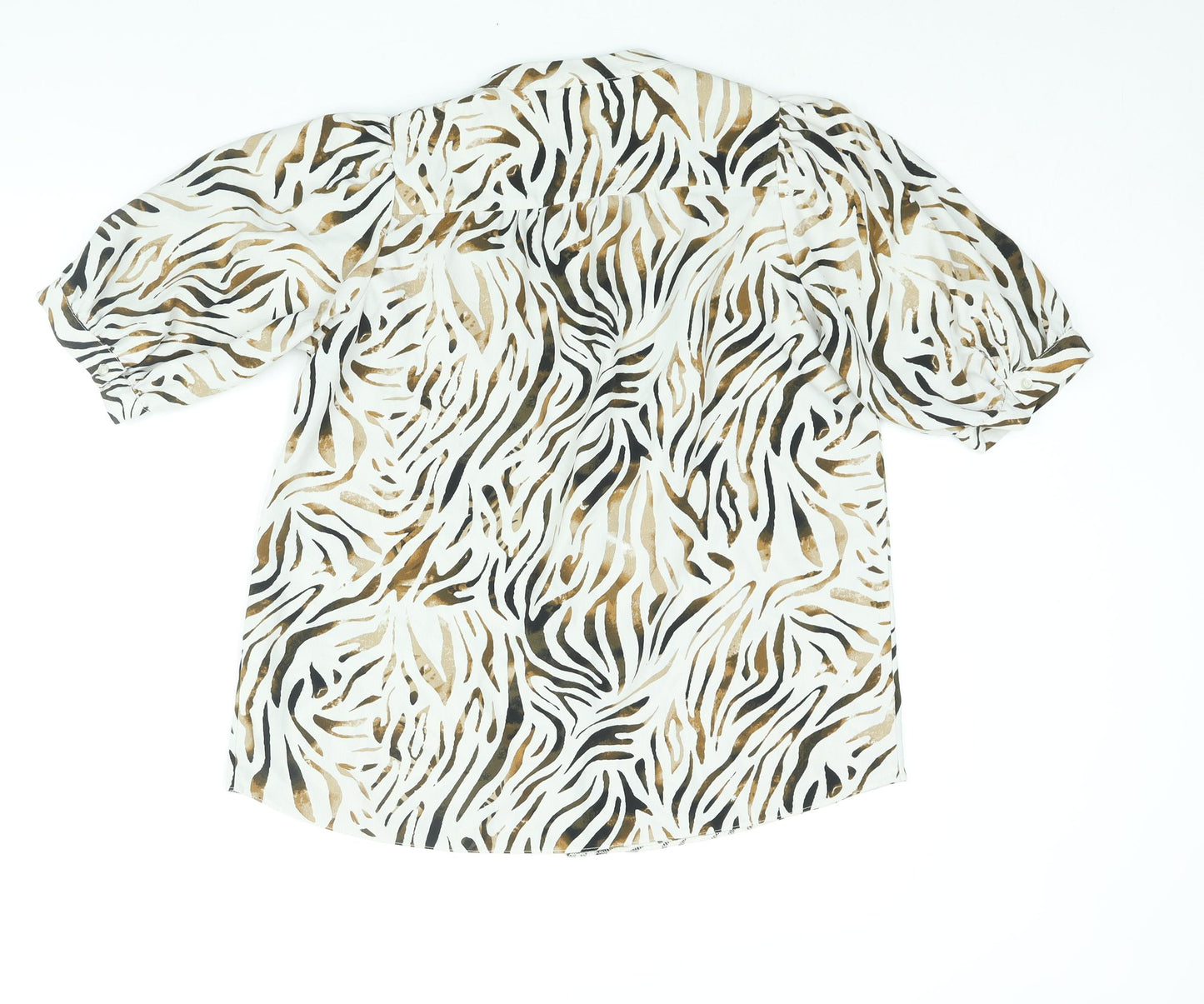 New Look Womens White Animal Print Polyester Basic Button-Up Size 14 V-Neck - Tiger Print