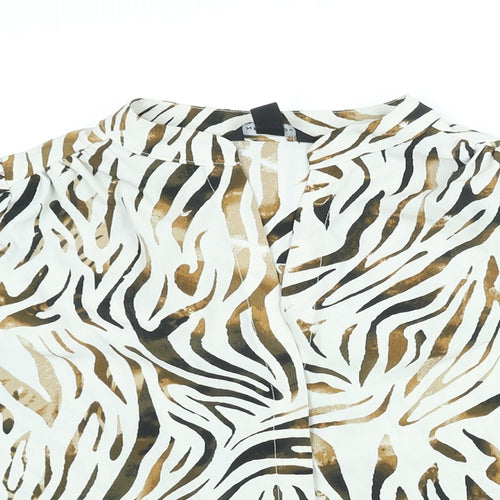 New Look Womens White Animal Print Polyester Basic Button-Up Size 14 V-Neck - Tiger Print