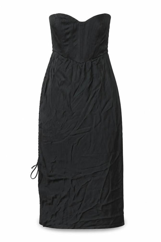 Front view of Zara women’s black polyester shift, size M, sweetheart zip - drawstring detail corset bodice