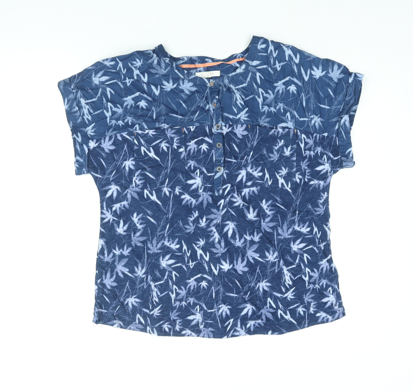 White Stuff Womens Blue Geometric Cotton Basic Blouse Size 12 Round Neck
