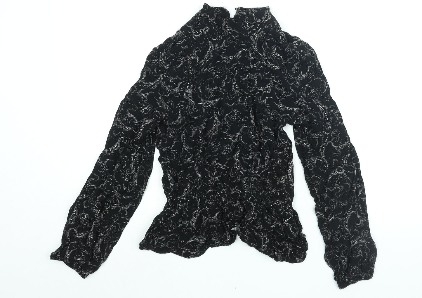 Marks and Spencer Womens Black Geometric Viscose Basic Blouse Size 12 Mock Neck - Peplum