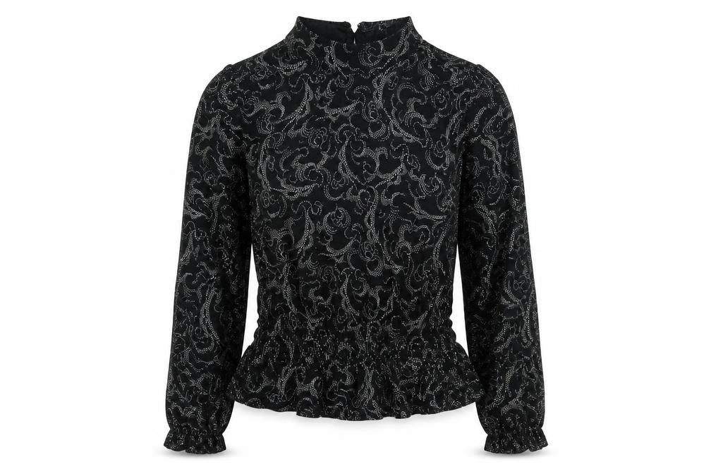 Front view of Marks & Spencer women’s black geometric viscose basic blouse, size UK 12, mock neck - peplum