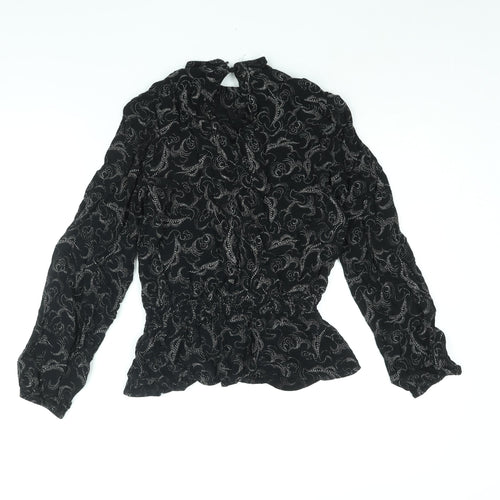 Marks and Spencer Womens Black Geometric Viscose Basic Blouse Size 12 Mock Neck - Peplum
