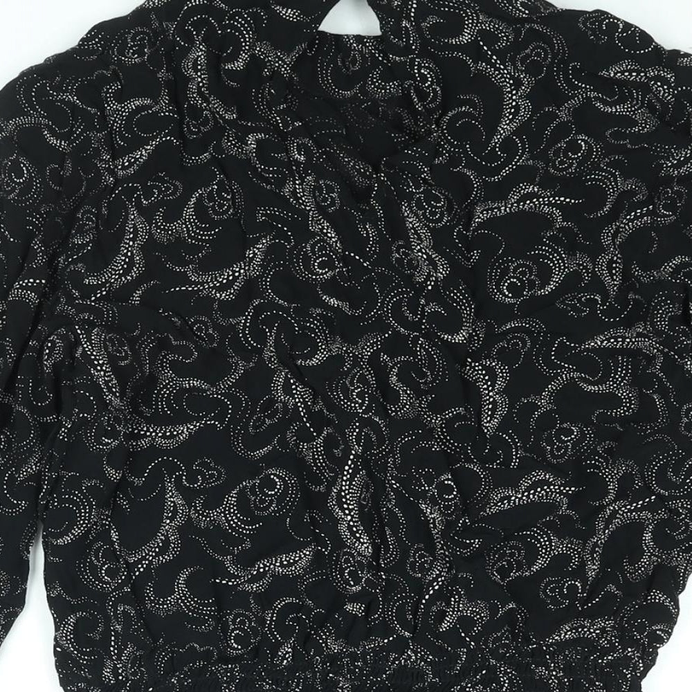 Marks and Spencer Womens Black Geometric Viscose Basic Blouse Size 12 Mock Neck - Peplum