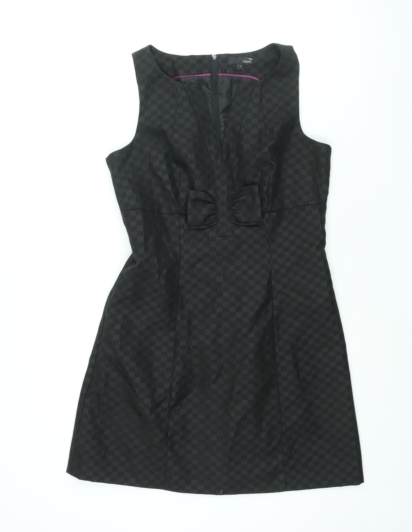 NEXT Womens Black Gingham Polyester A-Line Size 12 V-Neck Zip - Bow