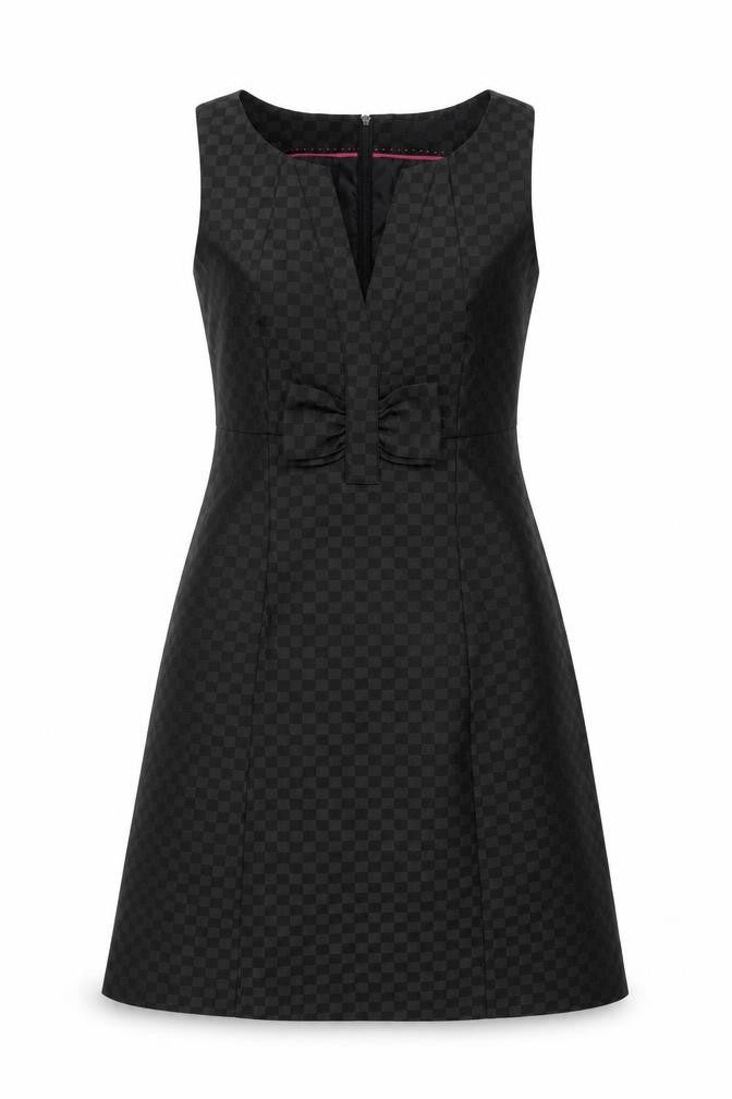 Front view of Next women’s black gingham polyester a-line, size UK 12, v-neck zip - bow