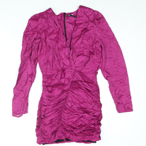 Zara Womens Pink Geometric Viscose Mini Size S V-Neck Zip - Rouched