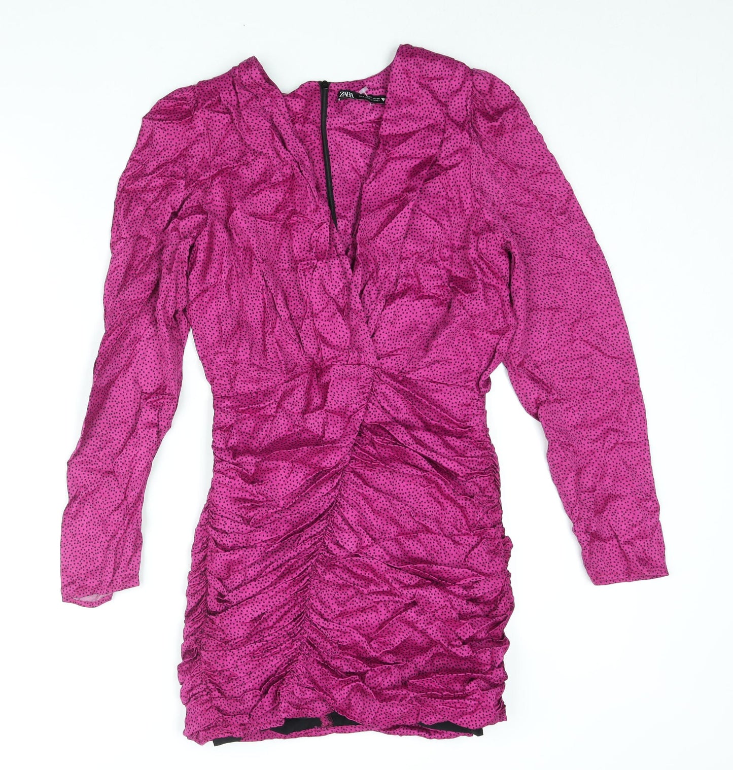 Zara Womens Pink Geometric Viscose Mini Size S V-Neck Zip - Rouched