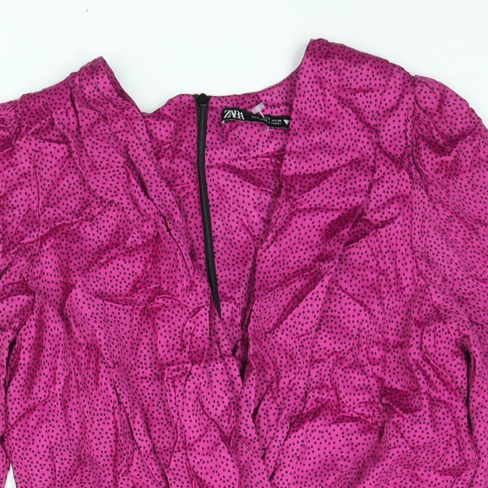 Zara Womens Pink Geometric Viscose Mini Size S V-Neck Zip - Rouched