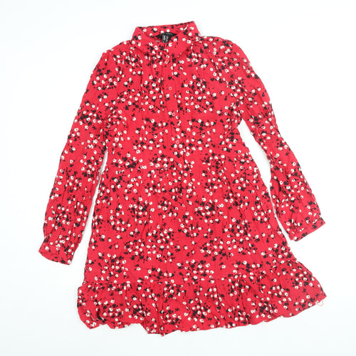 New Look Womens Red Floral Viscose Shirt Dress Size 8 Collared Button - Smocked