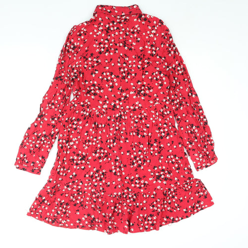 New Look Womens Red Floral Viscose Shirt Dress Size 8 Collared Button - Smocked