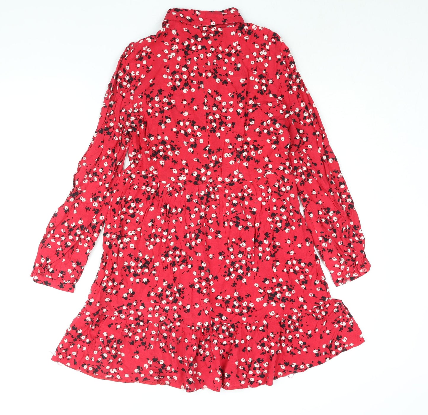 New Look Womens Red Floral Viscose Shirt Dress Size 8 Collared Button - Smocked