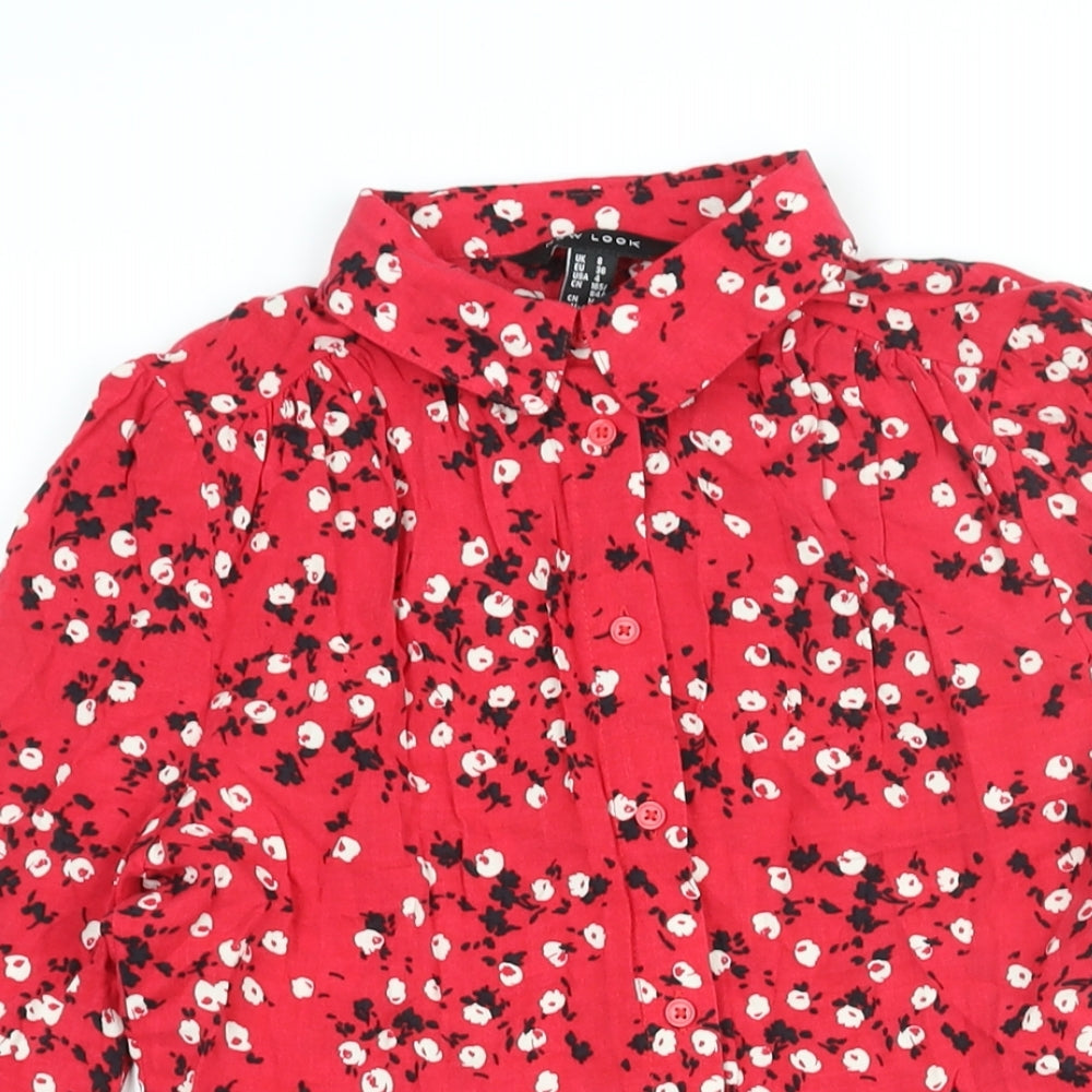 New Look Womens Red Floral Viscose Shirt Dress Size 8 Collared Button - Smocked