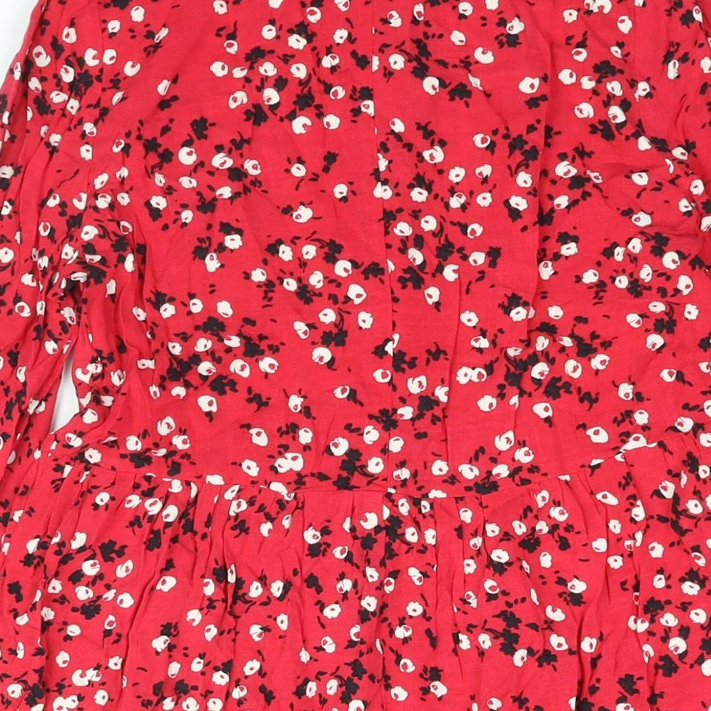 New Look Womens Red Floral Viscose Shirt Dress Size 8 Collared Button - Smocked