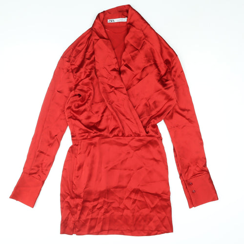 Zara Womens Red Polyester Mini Size XS V-Neck Zip