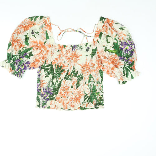 H&M Womens Multicoloured Floral Viscose Basic Blouse Size M Square Neck - Rouched