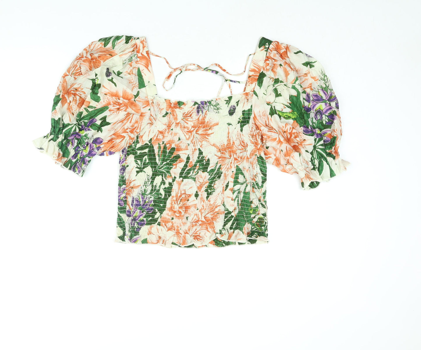 H&M Womens Multicoloured Floral Viscose Basic Blouse Size M Square Neck - Rouched