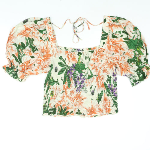H&M Womens Multicoloured Floral Viscose Basic Blouse Size M Square Neck - Rouched