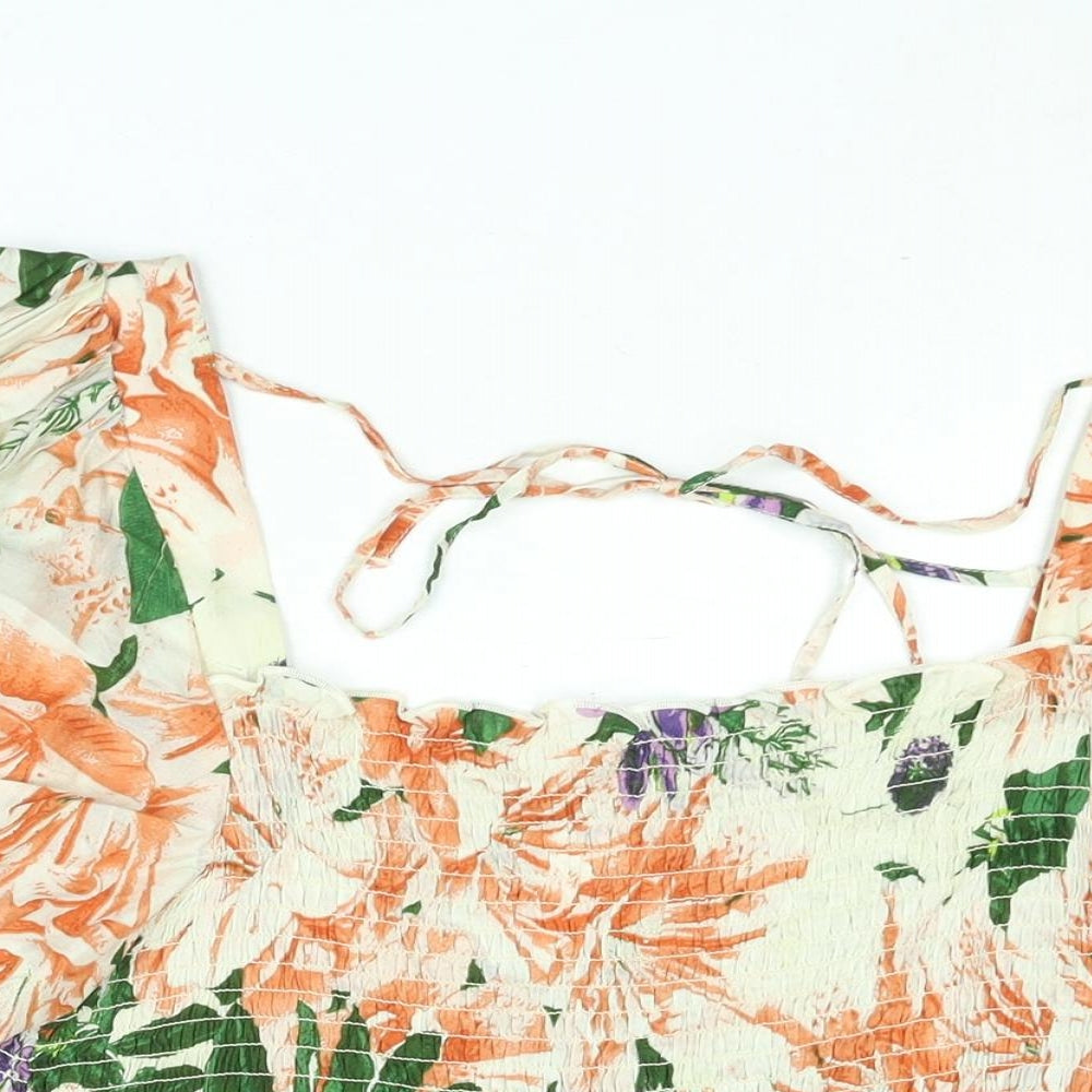 H&M Womens Multicoloured Floral Viscose Basic Blouse Size M Square Neck - Rouched