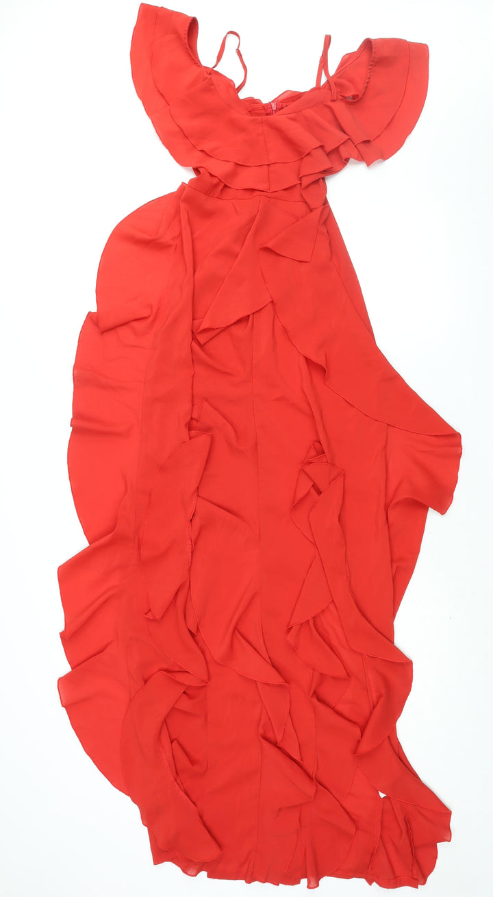 PRETTYLITTLETHING Womens Red Polyester Maxi Size 6 Scoop Neck Zip - Front Slits Waterfall Cold Shoulder