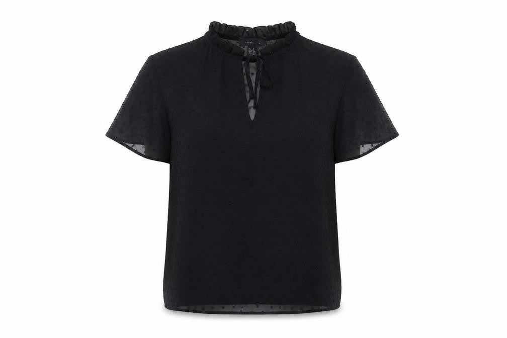 Front view of New Look women’s black polka dot polyester basic blouse, size UK 6, v-neck