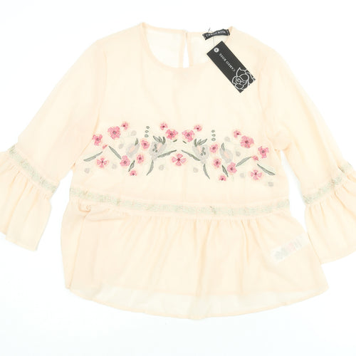 Cameo Rose Womens Pink Polyester Basic Blouse Size 10 Round Neck - Semi Sheer Floral Embroidery