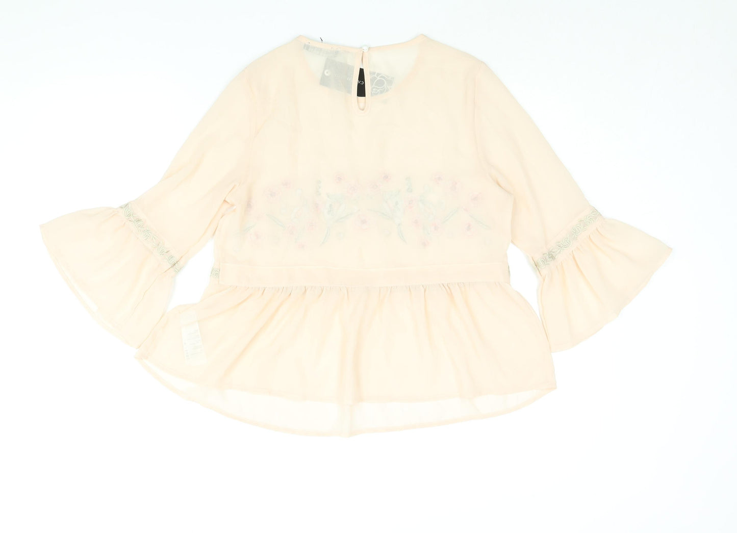 Cameo Rose Womens Pink Polyester Basic Blouse Size 10 Round Neck - Semi Sheer Floral Embroidery