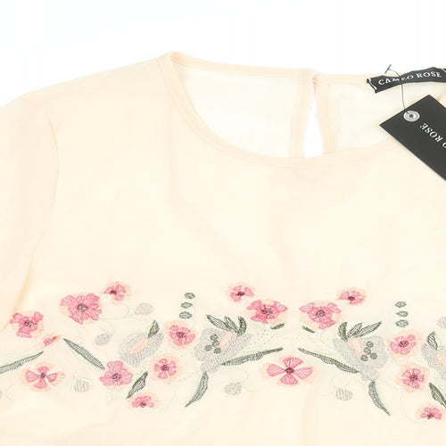 Cameo Rose Womens Pink Polyester Basic Blouse Size 10 Round Neck - Semi Sheer Floral Embroidery