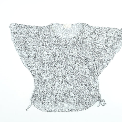 Intown Womens Grey Geometric Viscose Basic Blouse Size 14 Round Neck - Tie Detail Batwing Sleeve